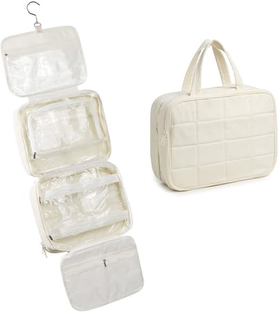 Toilettas - Toilettas Dames - Toilettas met Haak - Toilettas Dames Groot - Hangende Toilettas met Sieradenvak - Grote Reistoilettas voor Dames - Cosmetica Organizer met Haak - Beige