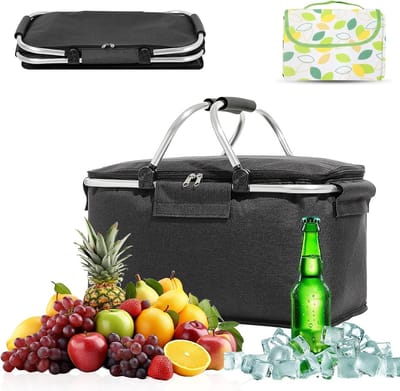 Vouwbare 18L Winkelmand met Handvat van Oxford Stof en Inclusief 2 x 2 m Picknickdeken voor Picknicks, Boodschappen en Reizen