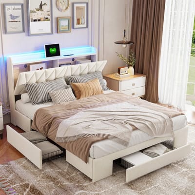Tweepersoonsbed 160x200cm – Opbergbed met 3 Laden – Fluweel Beige – USB & LED Verlichting