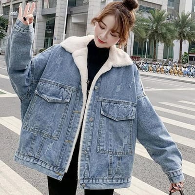 Zwart Denim Jas Warm Verdikt Dames Losse Pluche Jas Enkele Rij Knoop Casual Werkkleding Katoenen Jas Herfst en Winter S blauw
