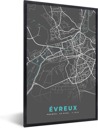 Fotolijst incl. Poster - Évreux - Plattegrond - Kaart - Stadskaart - Frankrijk - 40x60 cm - Posterlijst