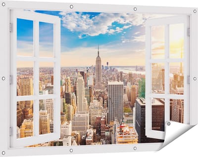 Gards Tuinposter Doorkijk New York Manhattan tijdens Zonsondergang - 120x80 cm - Tuindoek - Tuindecoratie - Wanddecoratie buiten - Tuinschilderij