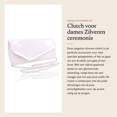 Dailygoods- Clutch zilver - Ceremonie tas - Afneembare kettingtas - Schoudertas - Feesttas - 24 x 11 x 5 cm, genoeg ruimte voor benodigdheden - Handtas
