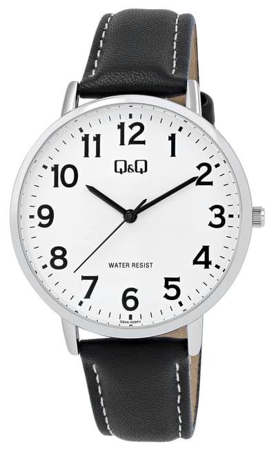 Q&Q C64A-005PY - Horloge - Polshorloge - Heren - Mannen - Leren band - Rond - Metaal - Zwart - Zilverkleurig - Wit