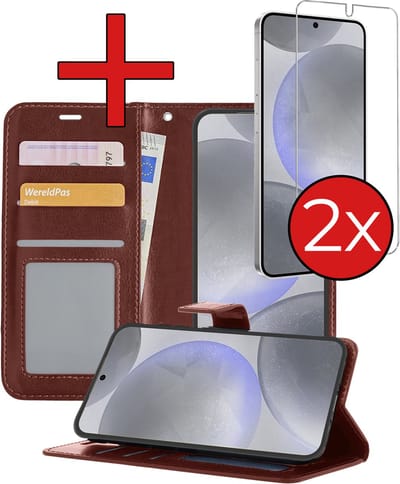Hoesje - Met 2x Screenprotector - Geschikt voor Samsung Galaxy S24 - Luxe Pasjeshouder - Flip Case - Bookcase Portemonee - Kunstleer Book Case - Flipcase Hoes - Book Cover - Walletcase - Portemonneehoes - Telefoonhoes - Bruin