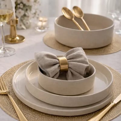 Graniet 25-delig serviesset voor 6 personen – steengoed – beige – matte buitenzijde