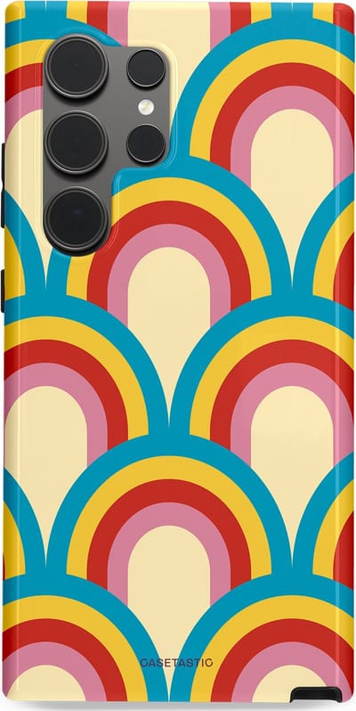 Casetastic hoesje geschikt voor Samsung Galaxy S24 Ultra - Dubbellaagse bescherming - Retro regenboog - Fashion Case - Lichtblauw Crème Goud Rood