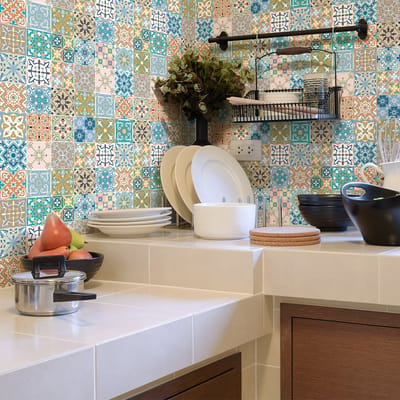 Zelfklevende tegelmuurstickers voor keuken en badkamer - 60 Azulejos Florensia cementtegelstickers - 60 stickers 20x20cm