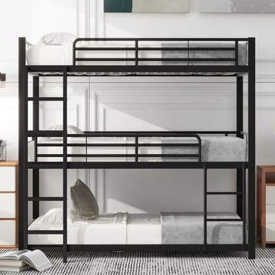 Wishdor Drievoudig Stapelbed 90x200 cm - Metalen Frame - Ladder en Uitvalbeveiliging - Minimalistisch Zwart