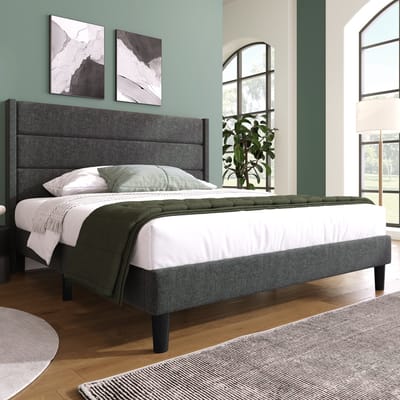 SINGULARITY-Gestoffeerd bed 140 x 200 cm- bedframe & hoofdbord- tweepersoonsbed- textielhoes linnen in donkergrijs- jeugdbed- zonder matras