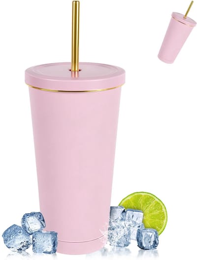 Thermosbeker 500 ml – Roestvrijstalen Reismok met Deksel, Rietje en Borstel, Dubbelwandige Vacuümisolatie, Lekvrij, Voor Koffie, Thee en Koude Dranken