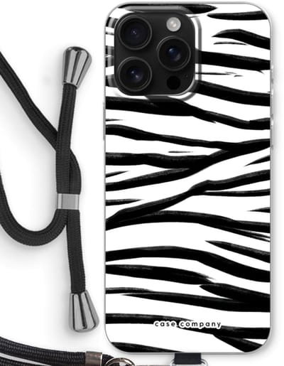 Case Company® - Hoesje met koord geschikt voor iPhone 16 Pro Max hoesje met Koord - Zebra pattern - Telefoonhoesje met Zwart Koord - Bescherming aan alle Kanten en Over de Schermrand