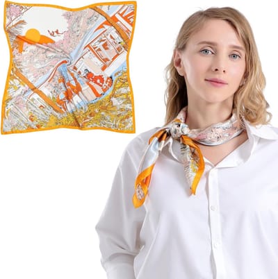 Zijde Sjaal voor Dames in Oranje, Geel en Blauw - 100% Zijde, Modieuze Accessoire, Luxe Sjaal