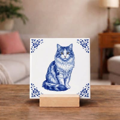 Delftsblauw Tegeltje 11x11 Noorse Boskat – Cadeau voor Kattenliefhebber