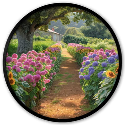 Poster in lijst Rond - Fotolijst 40x40 cm - Posters - Bloemen - Pad - Zonnebloemen - Tuin - Hortensia - Ronde posterlijst zwart - Decoratie - Wanddecoratie woonkamer - Muurdecoratie slaapkamer