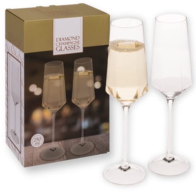 Dailygoods- Champagneglazen set van 2 - Diamantvorm - Elegante uitstraling - Hoogwaardig glas - Inhoud 250 ml - Stijlvolle geschenkdoos - Glazen