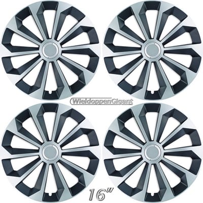GoodGo Wieldoppen set FLAME-SB 16 inch in zilver/zwart + chroom ring. Set a 4 stuks (CONTROLEER UW BANDENMAAT en lees a.u.b. de onderstaande, uitgebreide tekst!)
