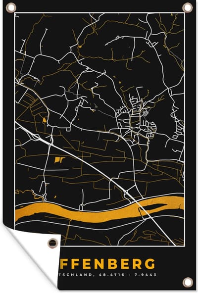 Muurdecoratie Duitsland – Black and Gold – Offenberg – Stadskaart – Kaart – Plattegrond - 120x180 cm - Tuinposter - Tuindoek