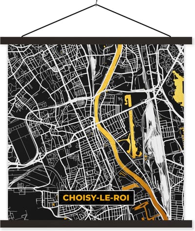 Posterhanger incl. Poster 60x60 cm - Schoolplaat - Plattegrond – Kaart – Stadskaart – Frankrijk – Choisy-le-Roi - Textielposter - Zwarte latten - Stadskaart