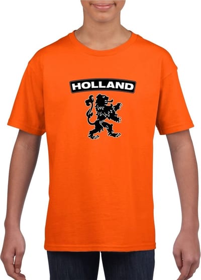 Oranje Holland supporter shirt met zwarte leeuw kinderen - Oranje Holland supporter/ fan kleding 110/116