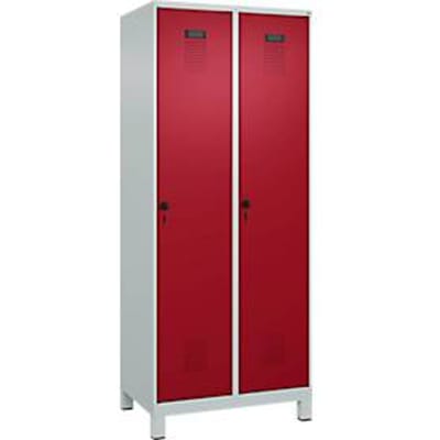 C+P Evolo Plus kledingkast, 2 vakken, 400 mm vakbreedte, met poten, rechts scharnierend, soft-close, inbraakwerend, B 800 x D 500 x H 1950 mm, veiligheidsslot met draaigrendel, lichtgrijs RAL 7035/ruwe rood RAL 3003