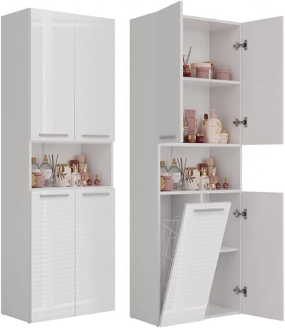 Hoge kast 60 x 30 x 174 cm - Glanzend wit - Staande kast met 4 deuren en 5 vakken voor badkamer