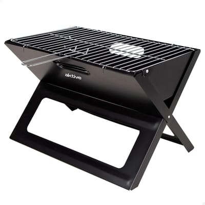 Draagbare inklapbare grill staalkolen zwart rechthoekig draaggreep 45x29x30cm eenvoudig monteren transporteren barbecue camping terras.