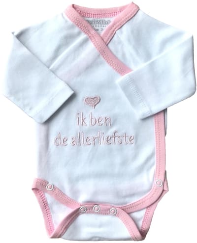 Baby romper - tekst - ik ben de allerliefste - kleding - omslagromper - wit roze