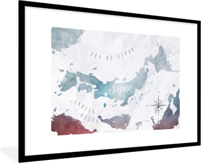 Poster in lijst - Fotolijst 90x60 cm - Posters - Wereldkaarten - Japan - Zilver - Posterlijst zwart - Decoratie - Wanddecoratie woonkamer - Muurdecoratie slaapkamer