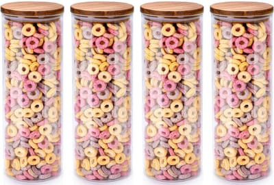 Voorraadpot/bewaarpot Foodking - 4x - borosilicaat glas - 1650 ml - glas/hout - D9.5 x H27 cm - voedsel bewaren