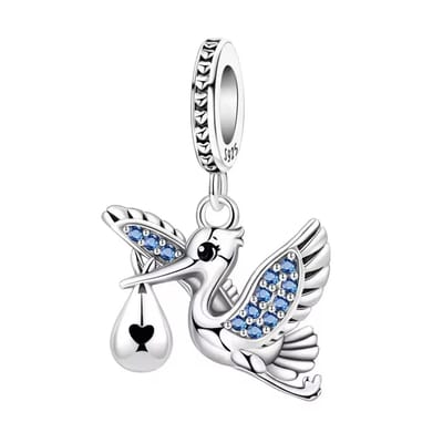 Fler® | Bedel | Past op populaire bedelarmbanden (standaard - 3mm) | Ooievaar met Baby Bundel Bedel | Hangbedel Charm | 925 sterling zilver | Blauwe zirkonia | Zwarte emaille | Armband Kraal | Valentijnsdag Cadeau | Sinterklaas kado | Kerstcadeau