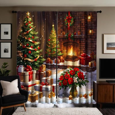 2 stuks HD Kerst Openhaard Bloem Cadeau Kerstboom decoratie gordijn Groene strik digitaal bedrukt gordijn Huisdecoraties s W52H63inchW132H160cm brown
