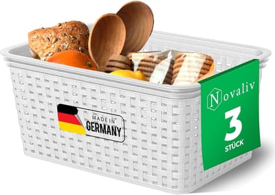 Novaliv Set van 3 voedselveilige manden Keukenopslag 5L Wit plastic rotanlook Keukenopslag & Organisatie BPA-vrije voedselopslagdoos voor theezakjes Snacks Specerijen