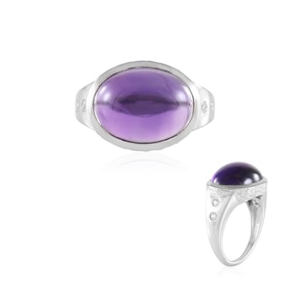 Cavill - 925 Sterling Zilver Ring - 8,59 ct Zambia Amethist Ovaal Cabochon - 0,17 ct Cambodjaanse Zirkonia - Elegante Bezelzetting - Dames Sieraden