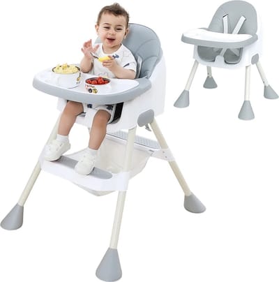Baby Eetstoel - Hoge stoel - 6 tot 36 maanden - 2-in-1 met voetensteun - Afneembare Dubbele lade - Gemakkelijk schoon te maken - Grijs