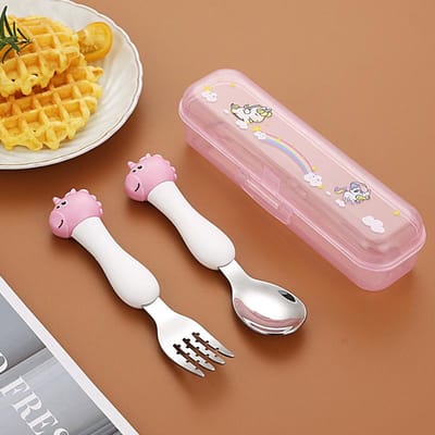 Vaisselle portable en acier inoxydable 304 pour bébé et enfant, motif dinosaure, cuillère, fourchette, apprentissage, formation, baguettes, fourchette, cuillère blanc