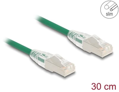 Delock RJ45 Network Cable Cat.6A plug to plug with curved latch U/FTP Slim 0.3 m green