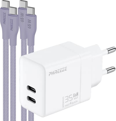 Phreeze usb C adapter 35w snellader met 2x usb C naar usb C kabels paars - Voor tegelijk snelladen telefoon en tablet