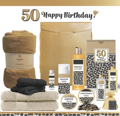 Geschenkset “50 Jaar Happy Birthday!” - 13 producten - 1910 gram | Giftset voor haar - Luxe wellness cadeaubox - Cadeau Vrouw Vijftig jaar - Gefeliciteerd - Gift Set Verjaardag - Geschenk Pakket - Cadeaupakket - Verjaardagscadeau - Panter Zwart Goud