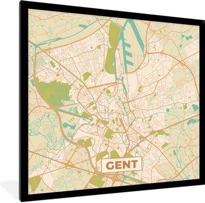 Fotolijst incl. Poster - Kaart - Gent - Vintage - Plattegrond - Stadskaart - 40x40 cm - Posterlijst