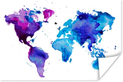 Wereldkaart - Waterverf - Paars - Kinderen - Jongens - Meisjes - 30x20 cm - Poster - Poster Kinderkamer