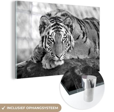 MuchoWow® Glasschilderij 90x60 cm - Schilderij acrylglas - Tijger - Boom - Zwart - Wit - Foto op glas - Schilderijen