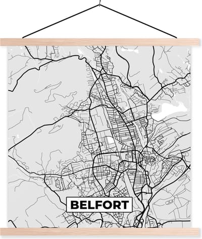 Posterhanger incl. Poster 40x40 cm - Schoolplaat - Kaart – Stadskaart – Frankrijk - Belfort - Plattegrond - Textielposter - Blanke latten - Stadskaart