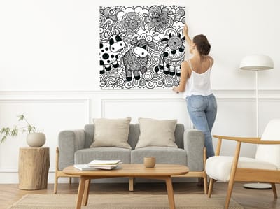 Doodle koeien schilderij | Koeienkunst: Creatieve doedelende boerderijdieren in verleidelijke potloodtekeningen | Kunst - 30x30 centimeter op Dibond | Foto op Dibond