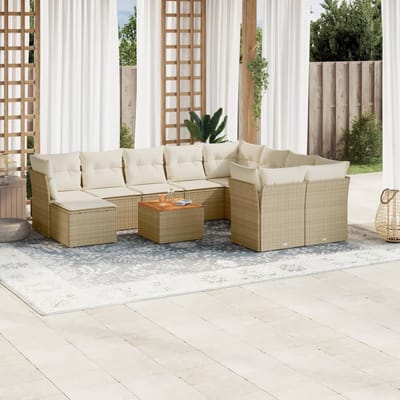 vidaXL - 11-delige - Tuinset - met - kussens - poly - rattan - beige