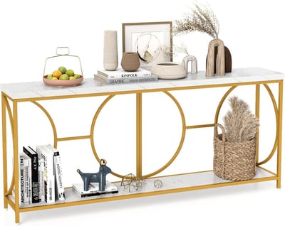 COSTWAY Consoletafel, 180 cm, smal, marmerlook, salontafel met geometrisch metalen frame, bijzettafel goud + wit, voor woonkamer, hal, ingang, modern