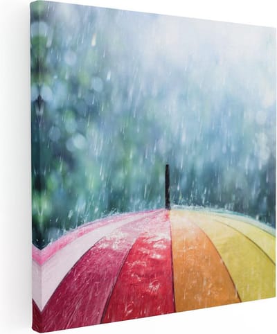 Artaza Canvas Schilderij Kleurrijke Paraplu In De Regen - 30x30 cm - Klein - Wanddecoratie Regenboog - Muurdecoratie Woonkamer - Kamer Accessoires