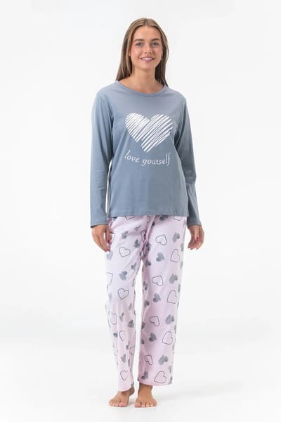 Gaubert Essential Dames Pyjama Lange Mouw - Broek met Zakken - Premium Gekamd Katoen - Love Yourself - Grijs - Maat XXL - GB-2801