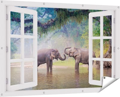 Gards Tuinposter Doorkijk Twee Olifanten in het Water - 150x100 cm - Tuindoek - Tuindecoratie - Wanddecoratie buiten - Tuinschilderij