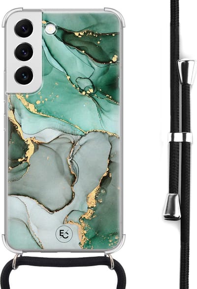 Hoesje met koord geschikt voor Samsung Galaxy S22 - Marble Design - Inclusief koord - Crossbody beschermhoes - Transparant, Groen - ELLECHIQ